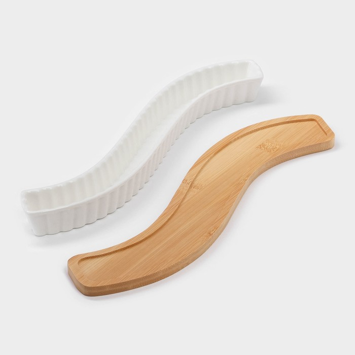 Блюдо фарфоровое для оливок на деревянной подставке BellaTenero, 35×4×3 см, цвет белый