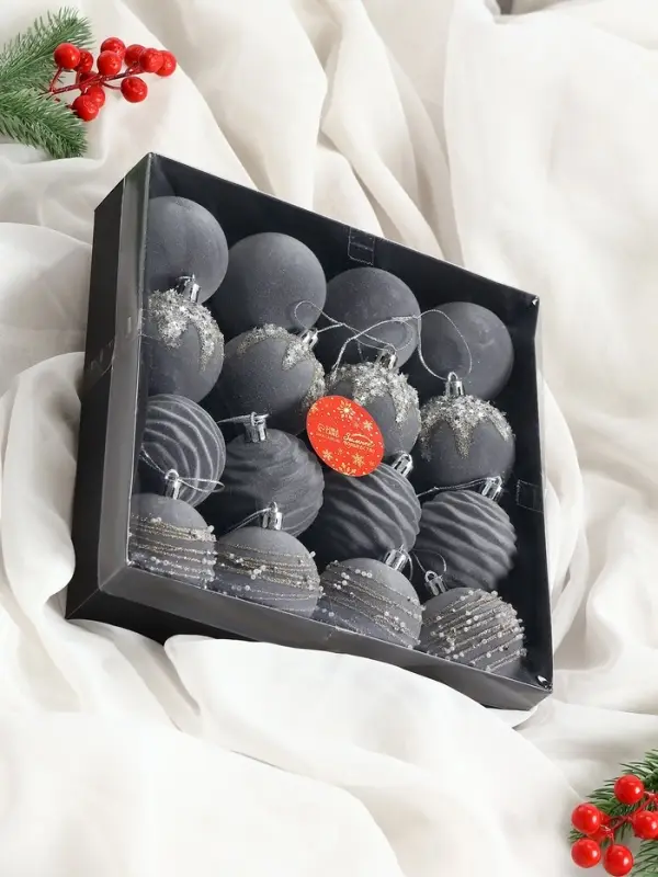 Набор шаров пластик d-6 см, 16 шт Набор шаров пластик d-6 см, 16 шт "Бархат. Маскарад" серый