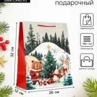 Пакет подарочный новогодний ламинированный, &laquo;Зверята наряжают ёлку&raquo;, 26&times;12&times;32 см