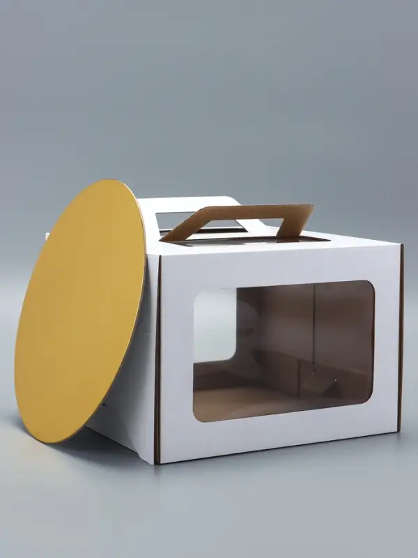 Коробка под торт 2 окна, с ручками, белая, + подложка 2.5 золото - белый, 28&times;28&times;20 см