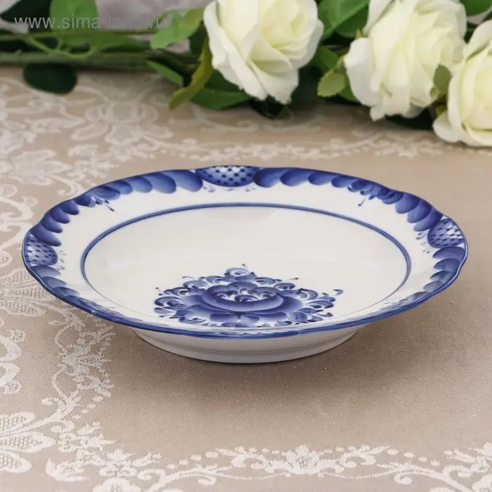 Тарелка &laquo;Цветы&raquo;, глубокая, D=24 см, H=4 см, гжель