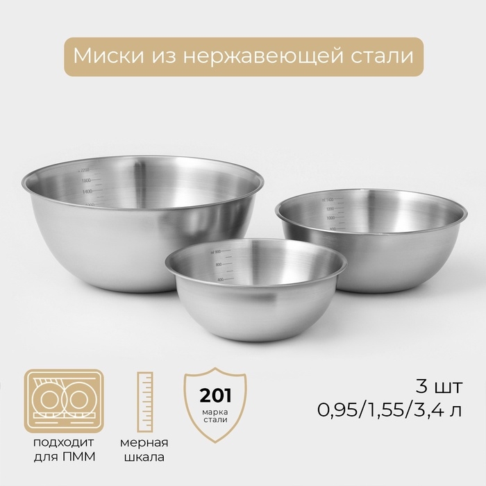 Миски-салатники Sphere, 950 мл, 1,55 л, 3,4 л, с мерной шкалой, нержавеющая сталь, набор 3 шт, серебряные Миски-салатники Sphere, 950 мл, 1,55 л, 3,4 л, с мерной шкалой, нержавеющая сталь, набор 3 шт, серебряные