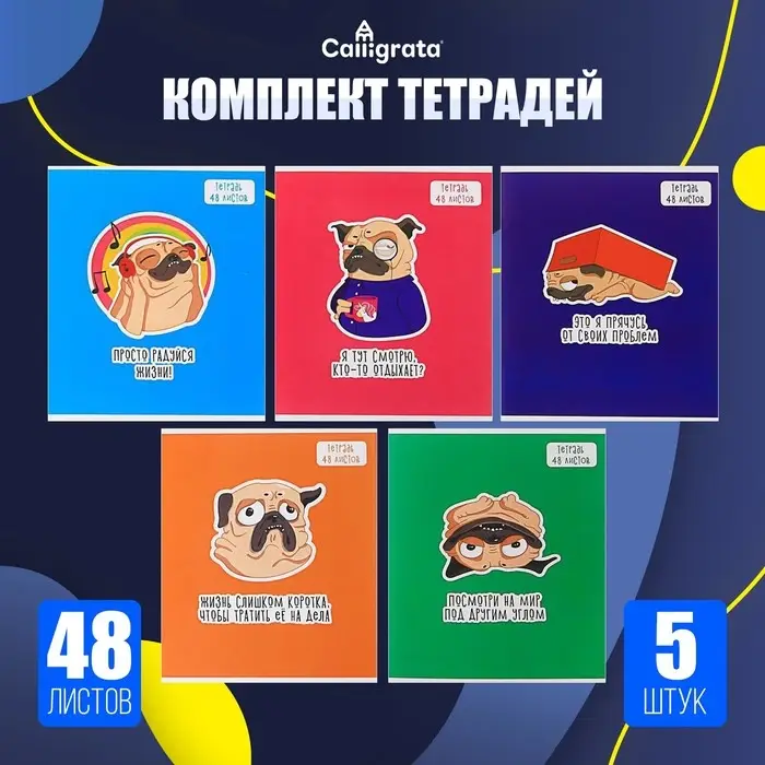 Тетради 5 штук, 48 листов в клетку &laquo;Мопс&raquo;, обложка мелованный картон, блок офсет