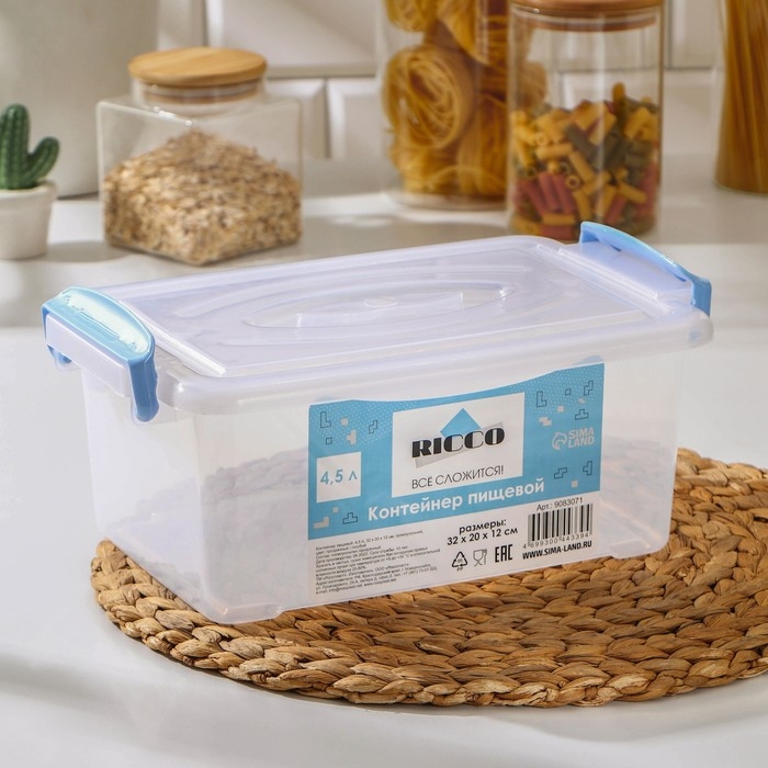 Контейнер пищевой RICCO, 4,5 л, 32×20×12 см, прямоугольный, цвет прозрачный, ручки голубые