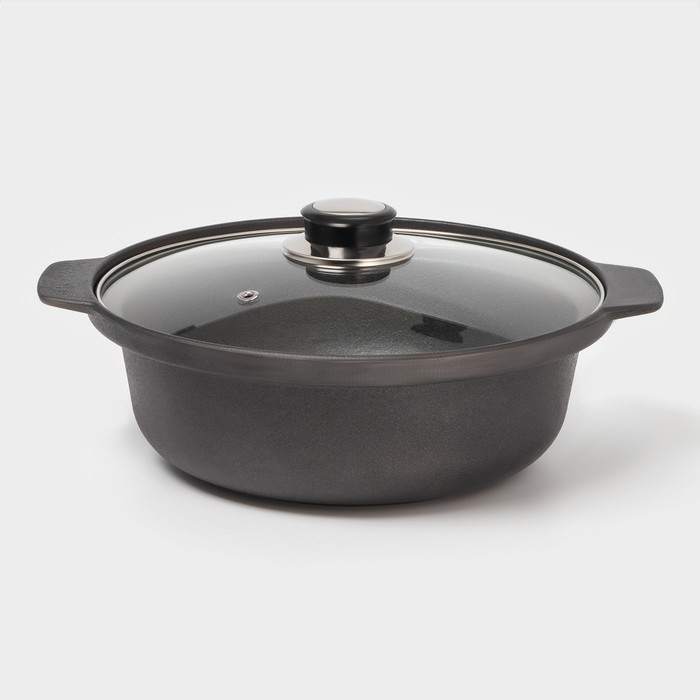 Жаровня чугунная «Биргер», 1,5 л, d=24 см, стеклянная крышка, цвет чёрный Жаровня чугунная «Биргер», 1,5 л, d=24 см, стеклянная крышка, цвет чёрный