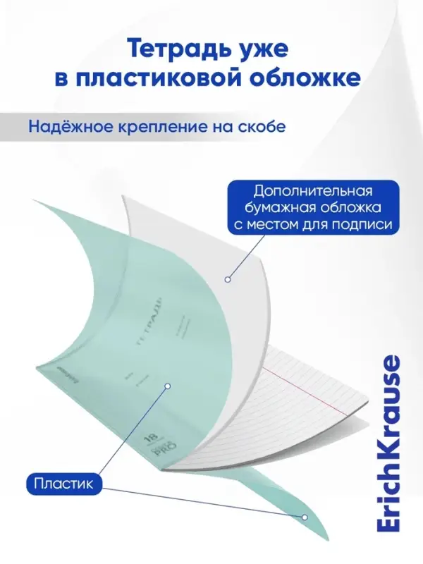 Тетрадь 18 листов в линейку, ErichKrause &laquo;Классика CoverPrо Pastel&raquo;, пластиковая обложка, блок офсет 100% белизна, мятная