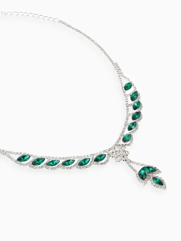 Набор 2 предмета: серьги, колье &laquo;Листопад&raquo;, ромб, изумрудно-белый в серебре, 45 см