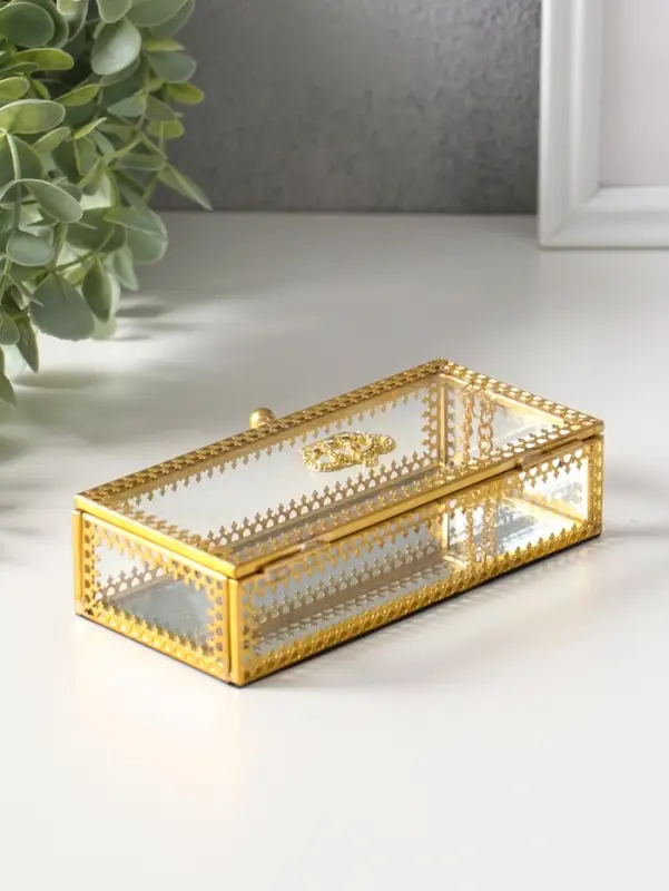 Шкатулка стекло с металлическим каркасом "Корона" золото 14,2х6,8х3,5 см