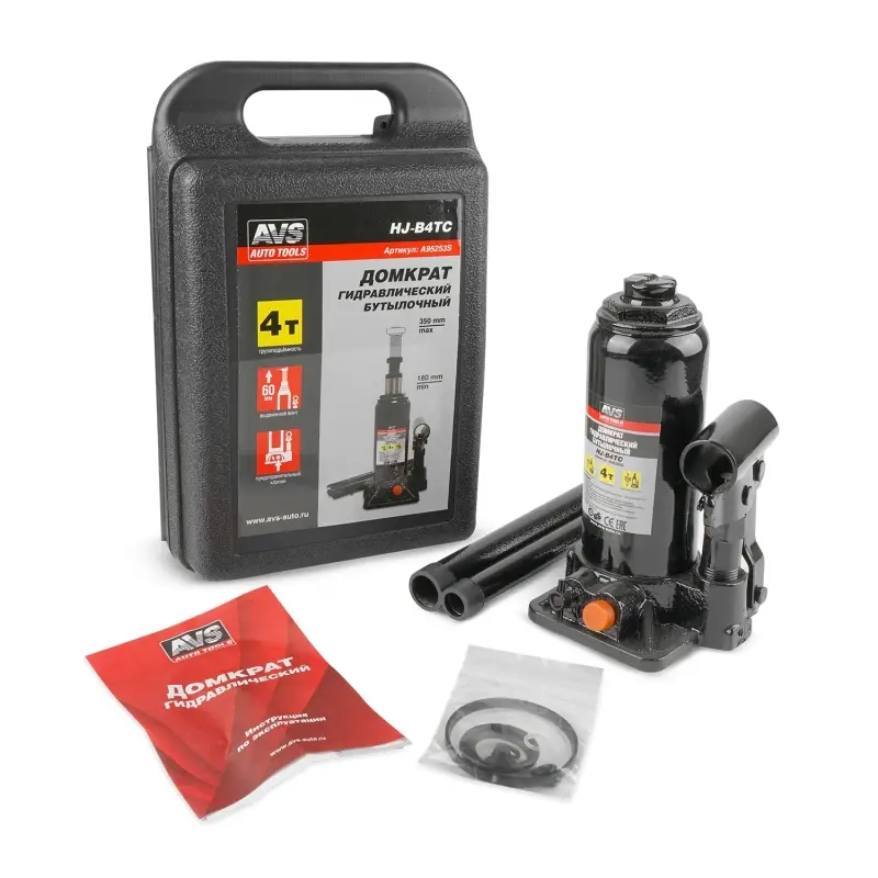Домкрат гидравлический AVS HJ-B4TC, 4т, 180-350мм. с клапаном, в кейсе (ремкомплект)