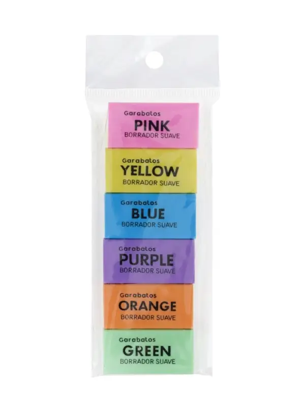 Набор ластиков, 6 штук, прямоугольные, 6 цветов, в пакете