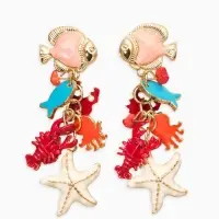 Серьги "Морской мир" рыбки, цветные в золоте