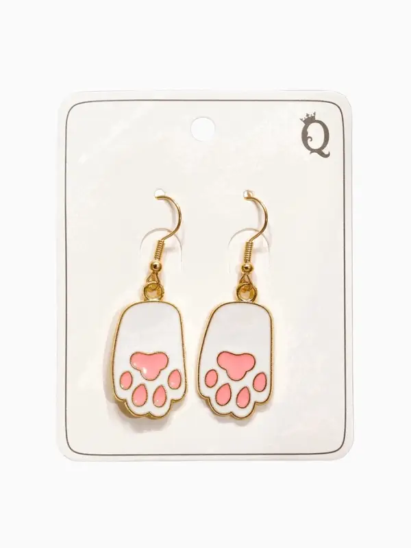 Серьги с эмалью &laquo;Лапка&raquo;, кота, розово-белые в золоте