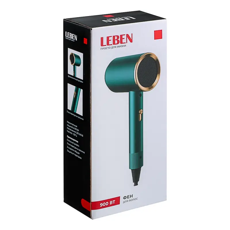 LEBEN Фен для волос, 900Вт, 2 скорости, 3 температуры, 220-240В, зеленый