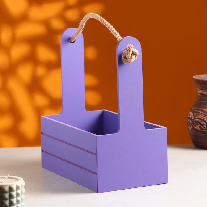 Кашпо деревянное 25.5×15×30 см "Аром", ручка канат, Фиолетовый