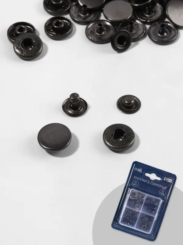 Кнопки установочные TEIRA, Альфа (S-образные), d=15 мм, 10 шт., в пластиковом боксе, цвет чёрный никель