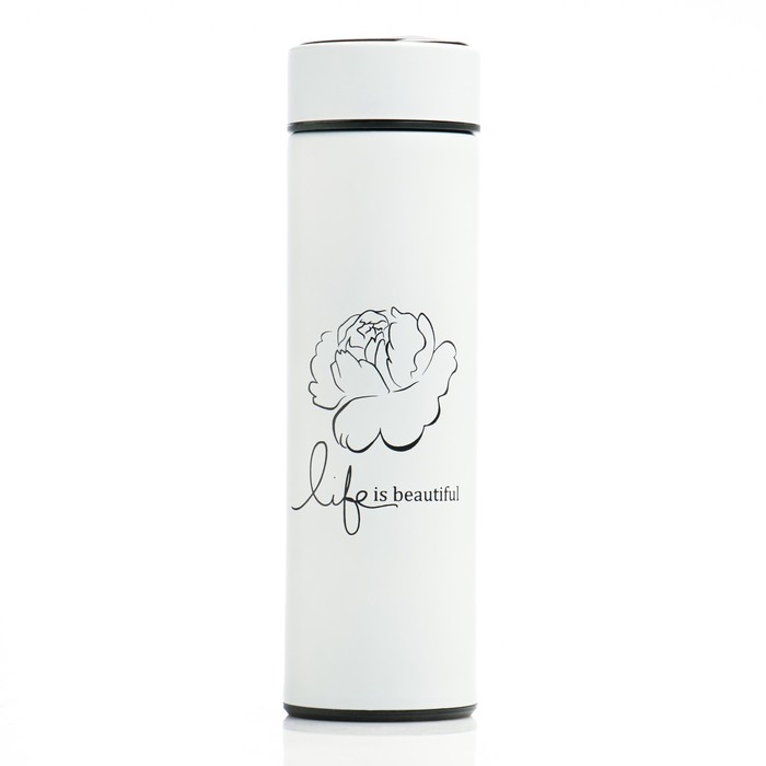 Термос, 500 мл, Basic Термос, 500 мл, Basic "Жизнь прекрасна",с ситечком,с датчиком температуры,сохраняет тепло 8 ч