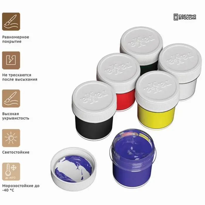 Краска акриловая, набор 6 цветов &times; 20 мл, Гамма &laquo;Хобби&raquo;, морозостойкая, глянцевая