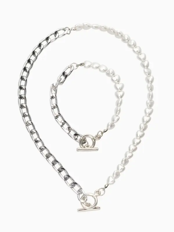 Набор 2 пред-а: колье,браслет "Жемчуг сердце с цепочкой" 18/42, цвет белый в серебре