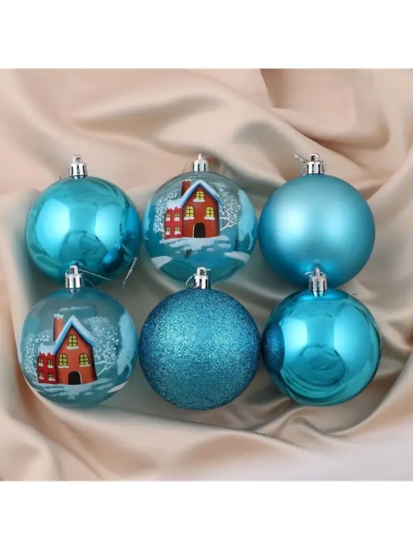 Ёлочные игрушки &laquo;Зимний домик&raquo;, шары новогодние, d=8 см, набор 6 шт., голубой
