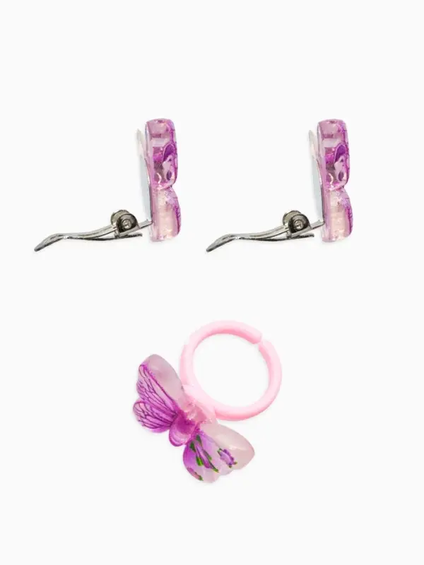 Набор детский  "Выбражулька" 3 предмета: клипсы, кольцо, браслет, бабочки, цвет розовый