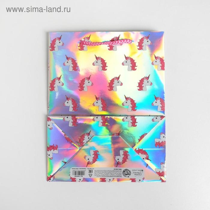Пакет подарочный голографический, упаковка, «Единорожки», 18 х 23 х 10 см