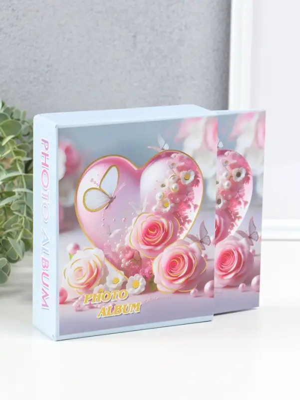 Фотоальбом на 40 фото 10х15 см "Сердце и бабочки с розами" в коробке 4,5х14х17 см