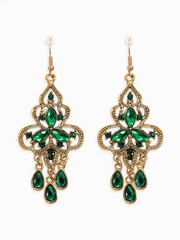 Серьги висячие со стразами &laquo;Восток&raquo;, трилистник, зелёные в чернёном золоте, 8 см