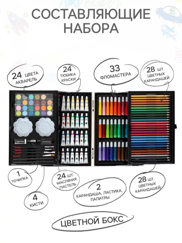 Набор для рисования: 144 предмета, складной, в чемоданчике, синий