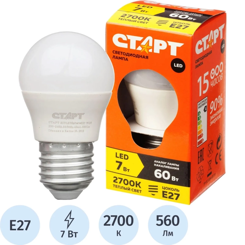 Лампа светодиодная Старт 7W E27 2700k тепл.бел.шар ECO