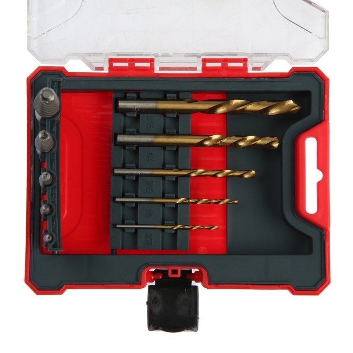 Набор экстракторов и сверл ТУНДРА, крупная левая резьба, 45 сталь М1-М5, d=2.4-8 мм HSS, TIN Набор экстракторов и сверл ТУНДРА, крупная левая резьба, 45 сталь М1-М5, d=2.4-8 мм HSS, TIN