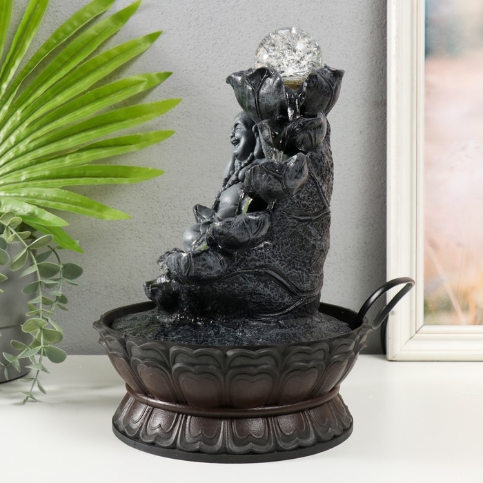 Фонтан настольный от сети, подсветка Фонтан настольный от сети, подсветка "Хотей в сером лежит на слитках золота" 21х21х30 см