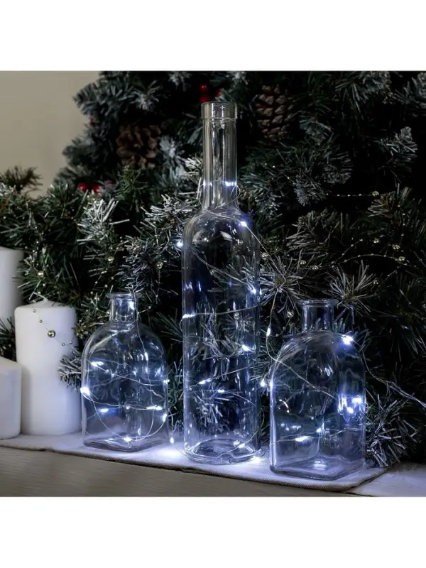 Гирлянда &laquo;Нить&raquo; 5 м роса, IP20, серебристая нить, 50 LED, батарейки CR2032&times;2 (в комплекте), свечение белое