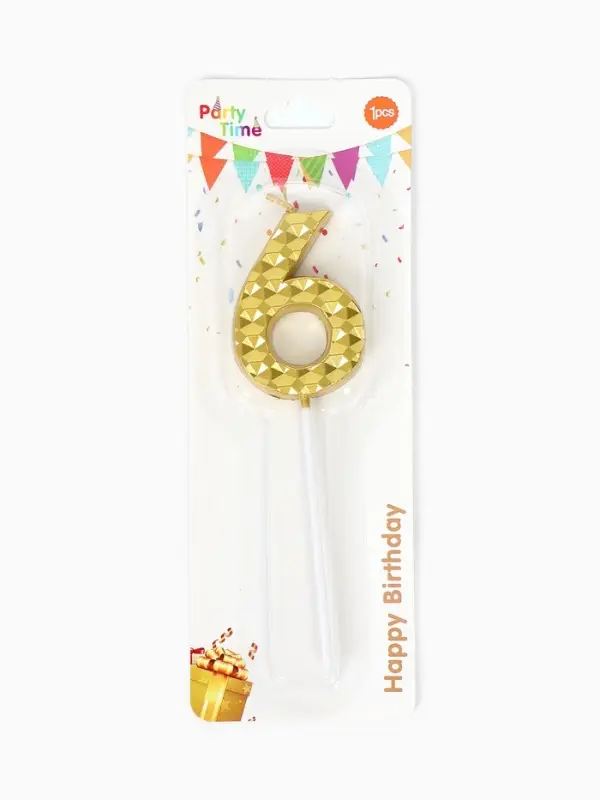 Свеча для торта &laquo;Элемент&raquo;, цифра "6" золотая