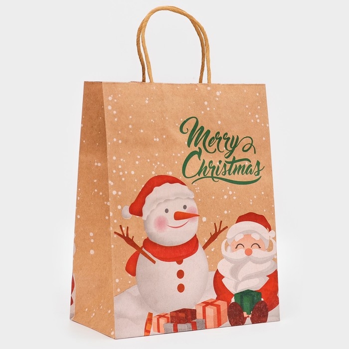 Новый год. Пакет бумажный подарочный новогодний крафт Новый год. Пакет бумажный подарочный новогодний крафт "Снеговик", 27 х 21 х 11 см.