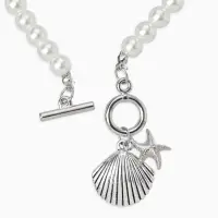 Набор 2 пред-та: бусы.браслет "Жемчуг", ракушка вонголе, цвет белый в серебре L=18/42см №8   1093654