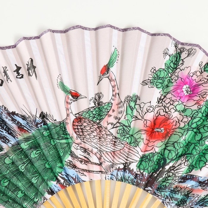 Веер бамбук, текстиль h=50 см  Веер бамбук, текстиль h=50 см "Павлины на ветке" белый