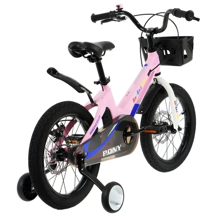 Велосипед детский BIBITU PONY, диаметр колёс 16", со съёмными колёсами, с корзиной, розовый