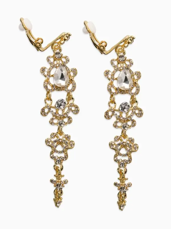 Серьги клипсы для ушей висячие со стразами QF &laquo;Ажур&raquo;, белые в золоте