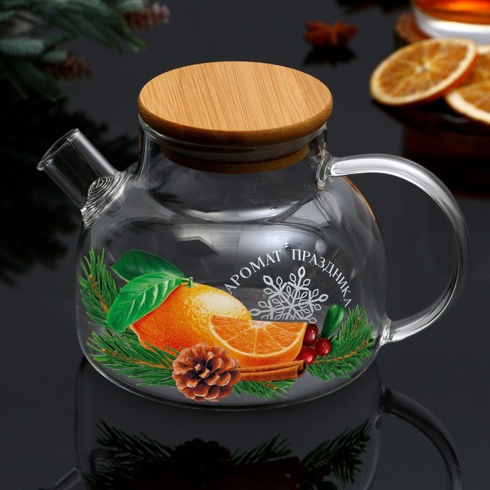 Новый год. Чайник заварочный стеклянный с бамбуковой крышкой «Аромат праздника», 600 мл Новый год. Чайник заварочный стеклянный с бамбуковой крышкой «Аромат праздника», 600 мл