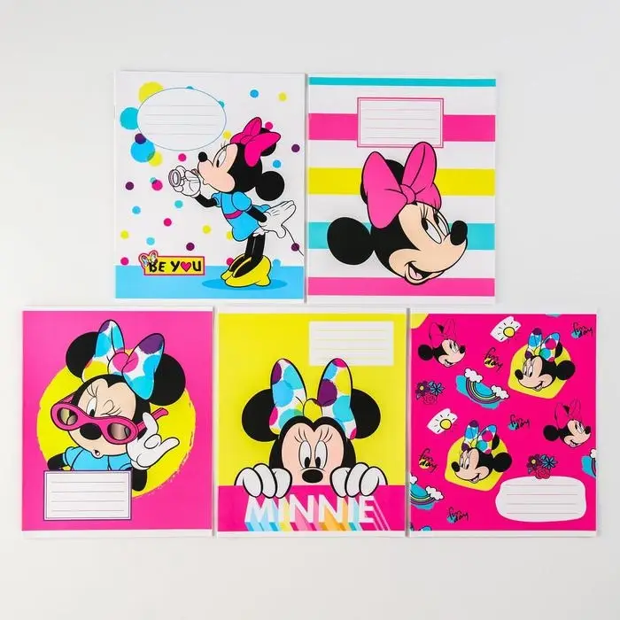 Тетрадь в линейку 12 листов, 5 видов МИКС, обложка мелованная бумага, &laquo;Минни Маус&raquo;