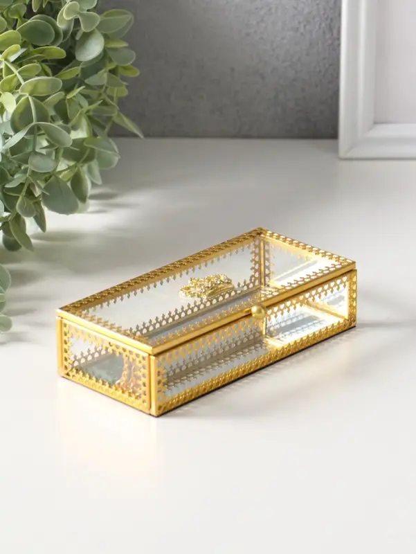 Шкатулка стекло с металлическим каркасом "Корона" золото 14,2х6,8х3,5 см