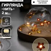 Гирлянда &laquo;Нить&raquo; 2 м роса с насадками &laquo;Цветок&raquo;, IP20, серебристая нить, 20 LED, батарейки ААх2 (нет в комплекте), свечение тёплое белое