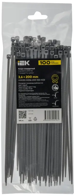 Хомут P6.6 стандартный серый 3.6х200мм 100шт/упак IEK