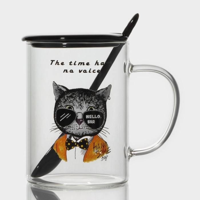 Кружка стеклянная с керамической крышкой и ложкой «Хипстер», 450 мл, рисунок МИКС Кружка стеклянная с керамической крышкой и ложкой «Хипстер», 450 мл, рисунок МИКС