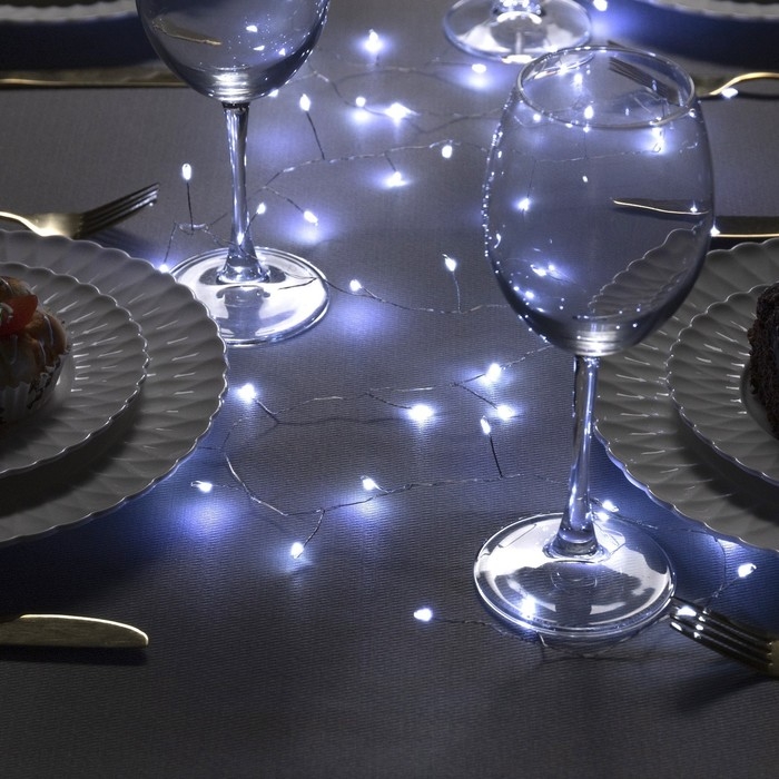 Гирлянда «Мишура» 2 м роса, IP20, серебристая нить, 50 LED, батарейки CR2032х2 (в комплекте), свечение белое Гирлянда «Мишура» 2 м роса, IP20, серебристая нить, 50 LED, батарейки CR2032х2 (в комплекте), свечение белое