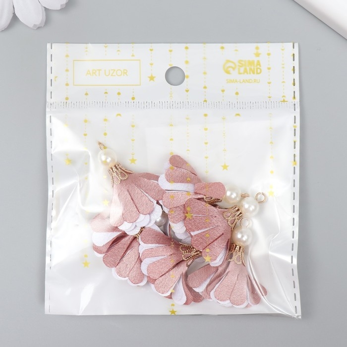 Декор текстиль Декор текстиль "Цветок 2 цвета с жемчужиной. Пыльная роза и белый" набор 6 шт 3 см