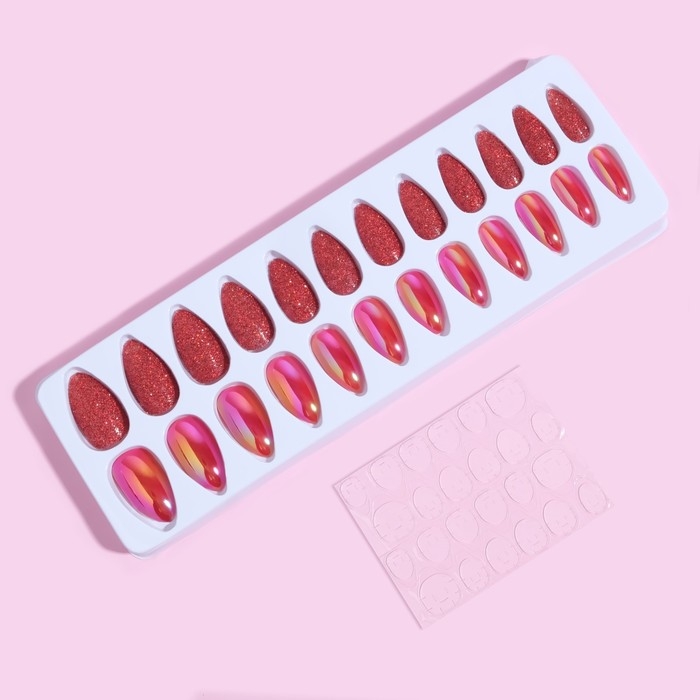 Накладные ногти, 24 шт, с клеевыми пластинами, форма миндаль, блёстки/голография, цвет красный Накладные ногти, 24 шт, с клеевыми пластинами, форма миндаль, блёстки/голография, цвет красный