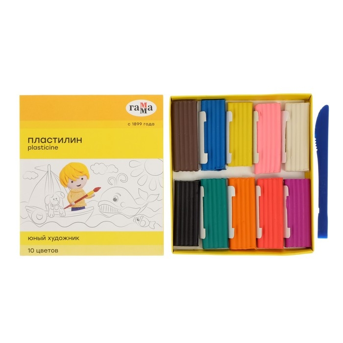 Пластилин 10 цветов 140 г, Гамма  Пластилин 10 цветов 140 г, Гамма "Юный художник", со стеком, картонная упаковка 280044