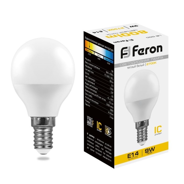 Лампа светодиодная FERON, G45, 9 Вт, Е14, 2700 К, теплый белый Лампа светодиодная FERON, G45, 9 Вт, Е14, 2700 К, теплый белый