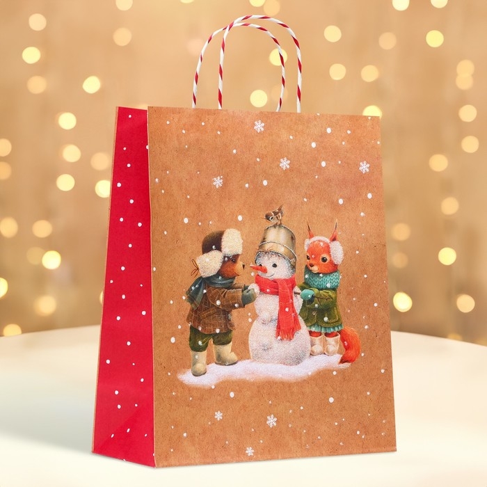 Новый год. Пакет бумажный подарочный новогодний крафт Новый год. Пакет бумажный подарочный новогодний крафт "Снеговик" 26 х 32 х 12 см.